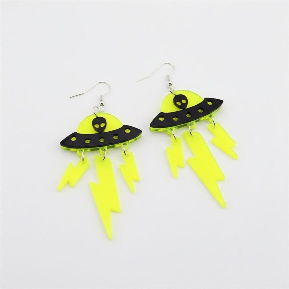 Neon UFO & Acrylic  Lightning Tassel Earrings Funky Alien Dangle Accessories